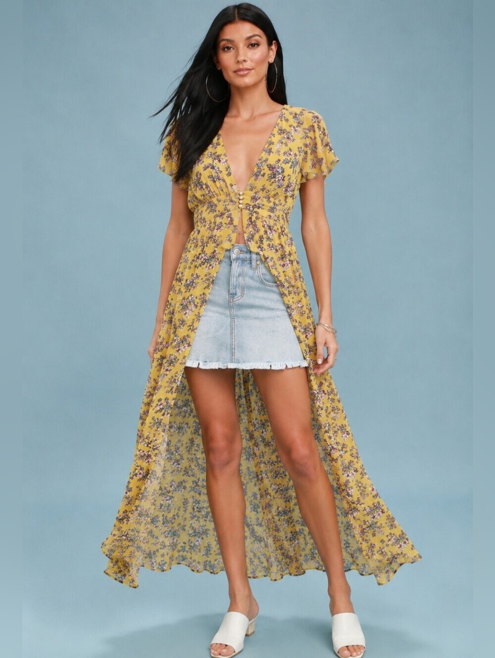 Meghan Los Angeles Yellow Floral High Low Duster Button Front Maxi Top. Med